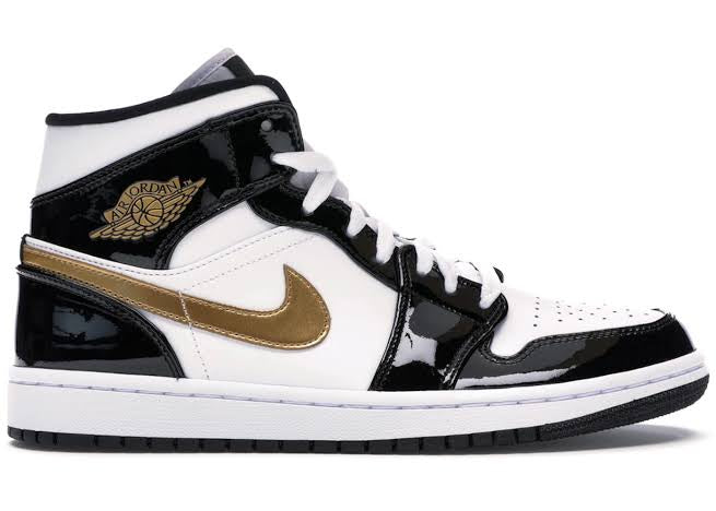 JORDAN 1 MID PATENT BLACK WHITE GOLD (MENS)